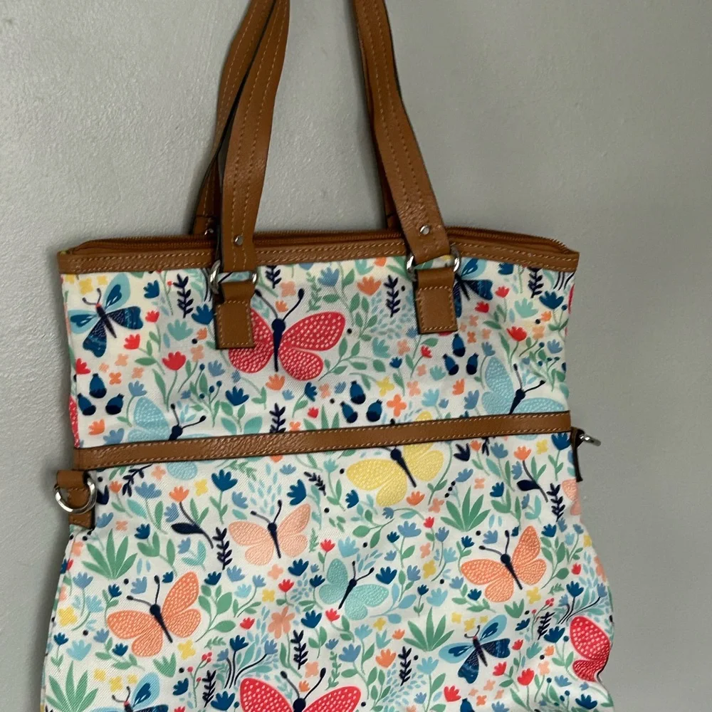 Floral Butterfly Tote Bag with Tan Accents